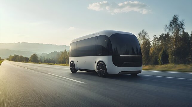A minimalist delivery van cruising on a clean, empty road, symbolizing efficient transport management with a sleek design and modern features, set against a serene landscape 