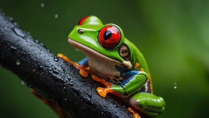 Fototapeta premium Green poison dart frog with red eyes perched on black stick in lush forest setting
