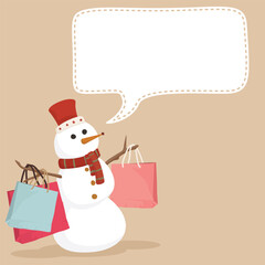 Snowman hanging shopping bags childish style have blank speech bubble graphic illustration. Merry Christmas greeting card square template.