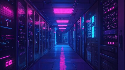Fototapeta premium Neon-lit Server Room Corridor with Glowing Equipment