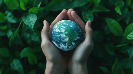 Hands holding the earth in a lush green environment