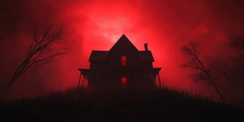 A haunting silhouette of a house against a dramatic red sky, evoking mystery and intrigue in an eerie atmosphere.