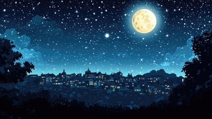 Naklejka premium A Nighttime View of a City Skyline with a Full Moon and Stars