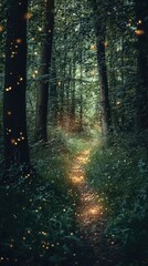 A serene forest path illuminated by glowing fireflies, creating a magical and enchanting atmosphere among lush greenery.