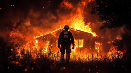 Fototapeta premium A firefighter stands facing a burning house engulfed in flames, showcasing the challenges of wildfire control and the impact on communities.