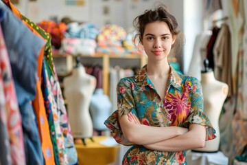 Portrait of young beautiful pretty woman fashion designer stylish stand and working with color textile samples.Attractive senior woman working with mannequins and colorful fabrics at fashion studio