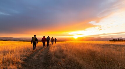 Hikers walking through a golden field at sunset