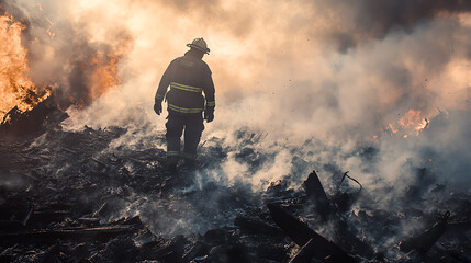 Obraz premium Firefighter navigating through smoke and debris, showcasing bravery and resilience in the face of danger.