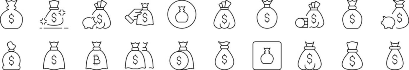 Money Bag Simple Icon Collection. Editable Stroke. Perfect for Infographics, Articles, Books, Flyers, Banners