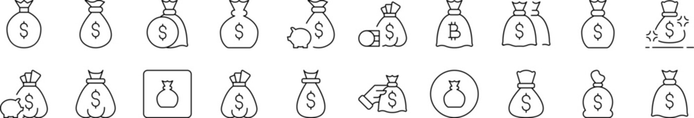 Money Bag Outline Image Collection. Editable Stroke. Perfect for Infographics, Articles, Books, Flyers, Banners