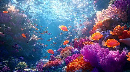 Fototapeta premium Vibrant Coral Reef with Orange Fish Swimming Through Blue Water