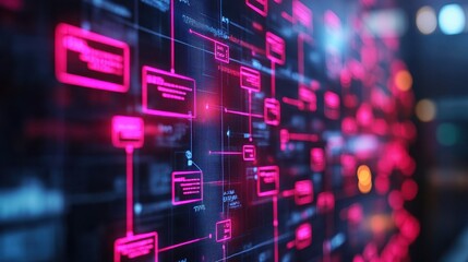 A vibrant digital interface displaying interconnected nodes and flowcharts, showcasing data analysis and technology insights in a futuristic style.