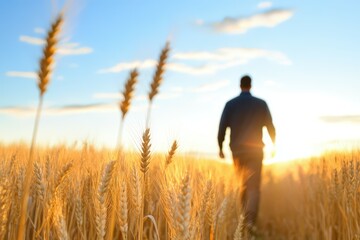 Silhouette of person walking through golden wheat field at sunset