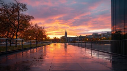 Vibrant sunset over city skyline with reflection in water