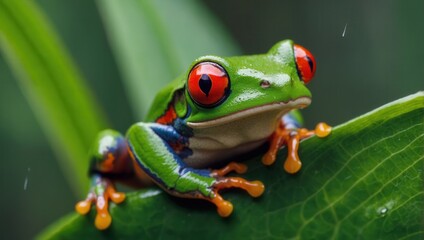 Obraz premium Close-up of red and green frog with yellow eyes perched on leaf in natural habitat