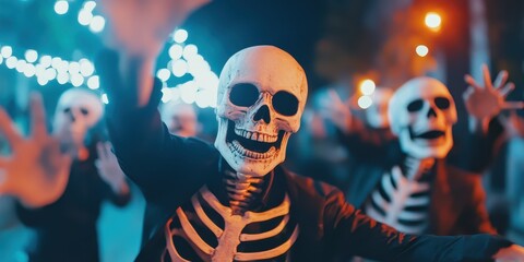 A lively celebration featuring people in skeleton costumes, vibrant lights, and a festive atmosphere.