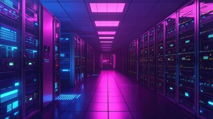 Fototapeta premium Neon-lit server room with rows of glowing racks