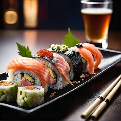 Sushi maki rolls with salmon on plate. Japanese traditional seafood.