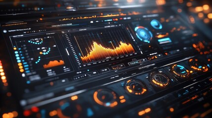 A futuristic audio control panel displaying vibrant sound waves and dynamic visualizations against a sleek, high-tech interface.