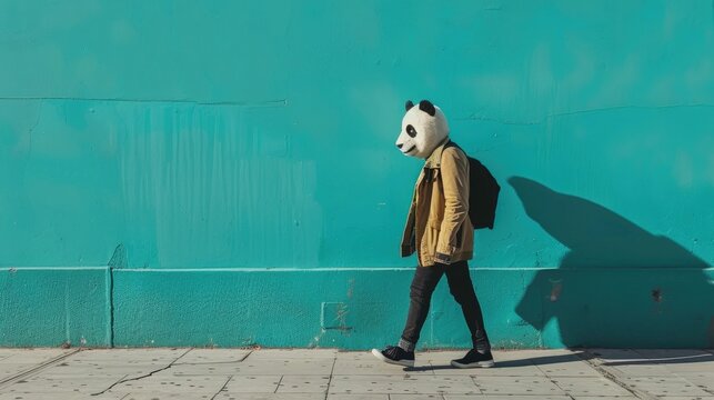 Save to Library Download Preview Preview Crop Find Similar FILE #: 740679152 Person in Panda Mask Walking by a Bright Teal Wall