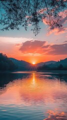 Obraz premium A serene sunset over a tranquil lake, reflecting vibrant colors in the water, surrounded by lush hills and soft clouds.