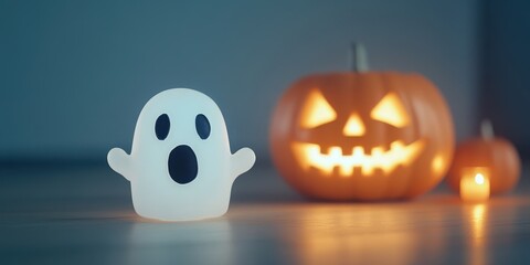 A playful ghost lamp stands beside a carved pumpkin, creating a festive Halloween atmosphere in a softly lit room.