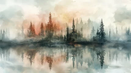 Foto auf Acrylglas Wald im Nebel Serene Forest Reflection in Soft Watercolor Style  © Nice Seven
