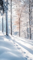 Naklejka premium A serene winter landscape featuring snow-covered trees and peaceful trails, perfect for evoking tranquility and cold beauty.