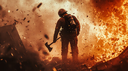 A firefighter stands bravely amidst flames, holding an axe, embodying courage and resilience in the face of danger. A powerful symbol of heroism.