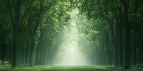 Obraz premium A serene forest path illuminated by soft light, surrounded by lush green trees, creating a peaceful ambiance for nature lovers.