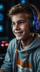 Children with gaming headsets smile while playing online games