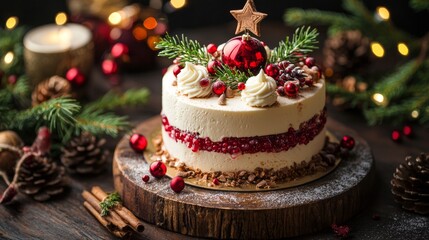 Christmas cake decorated with berries and festive ornaments