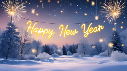 Happy new year celebration in winter landscape with snow 
