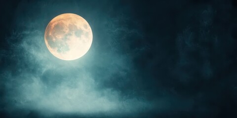 A serene nighttime scene featuring a glowing moon surrounded by wispy clouds, perfect for evoking calm and wonder.