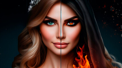 Two halves of a charming woman's face. One half is a beautiful princess with tenderness on her face. The other half is a cruel witch with fire in her eyes.
