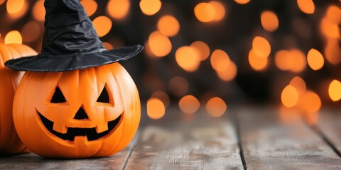 Naklejka premium A spooky carved pumpkin wearing a witch hat, perfect for Halloween celebrations with a warm, festive background of glowing lights.