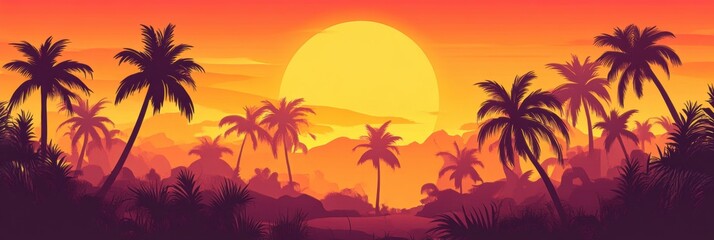 Obraz premium Tropical sunset, vibrant orange sky, palm tree silhouettes, serene atmosphere, tranquil evening, nature's beauty, peaceful escape