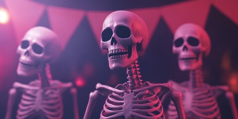 A spooky gathering of skeletons under vibrant lights, capturing the festive essence of Halloween.