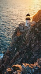 A stunning seaside lighthouse perched on a rocky cliff at sunset, illuminating the tranquil ocean waves below.