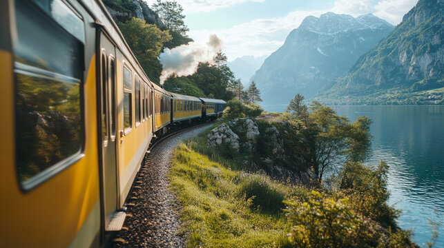 A train is traveling down the tracks in the mountains in Europe.