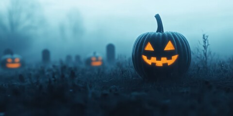 Fototapeta premium A spooky pumpkin glowing in fog, perfect for Halloween themes, featuring carved features and an eerie atmosphere.