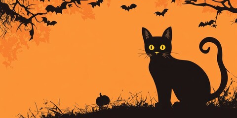 A spooky silhouette of a black cat against an orange Halloween backdrop with bats and pumpkins, perfect for seasonal designs.