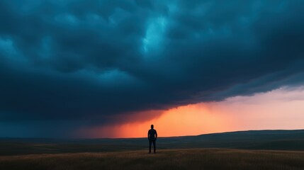 lone figure standing in a dramatic landscape
