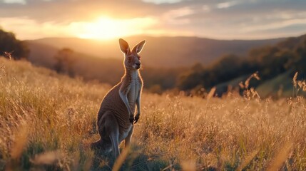 Kangaroo standing tall in golden Australian grasslands at sunset