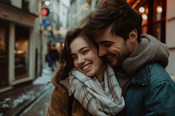 Fototapeta premium Young couple in love having fun in the city