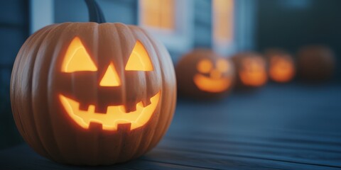Fototapeta premium A vibrant Halloween pumpkin with a cheerful face, glowing brightly, set against a cozy background of autumn decorations.