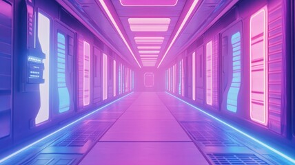 Obraz premium Futuristic Corridor with Neon Lights and Geometric Panels