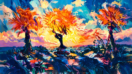 <Vibrant Tropical Sunset Landscape: Exotic Palm Trees Against a Colorful Sky>