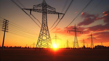 Fototapeta premium sunset, silhouette, sky, colorful, power, lines, pylons, electricity, transmission, technology, energy, landscape