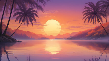 Breathtaking Sunset Over Ocean: Tranquil Paradise with Palm Trees, Vibrant Reflections, and Idyllic Tropical Landscape